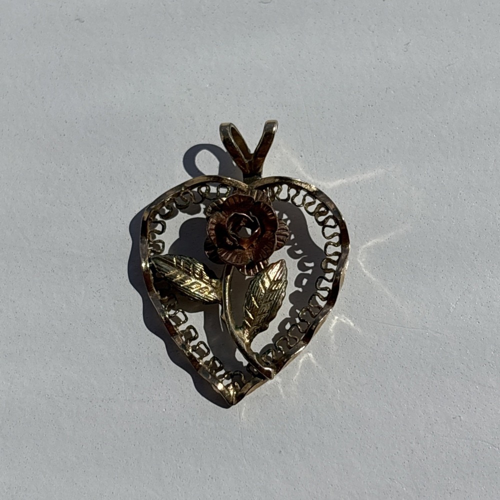 Gold Filled Heart Pendant Marked 14k GF PPC Rose Gold Flower